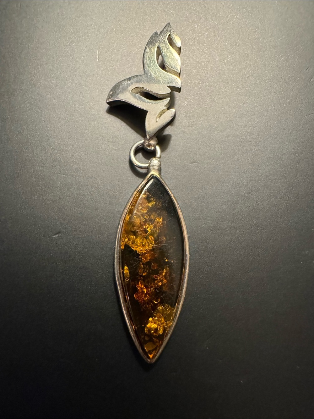 Sterling Silver Genuine Cognac Amber Pendant - 925 - 2” Modern Artisan